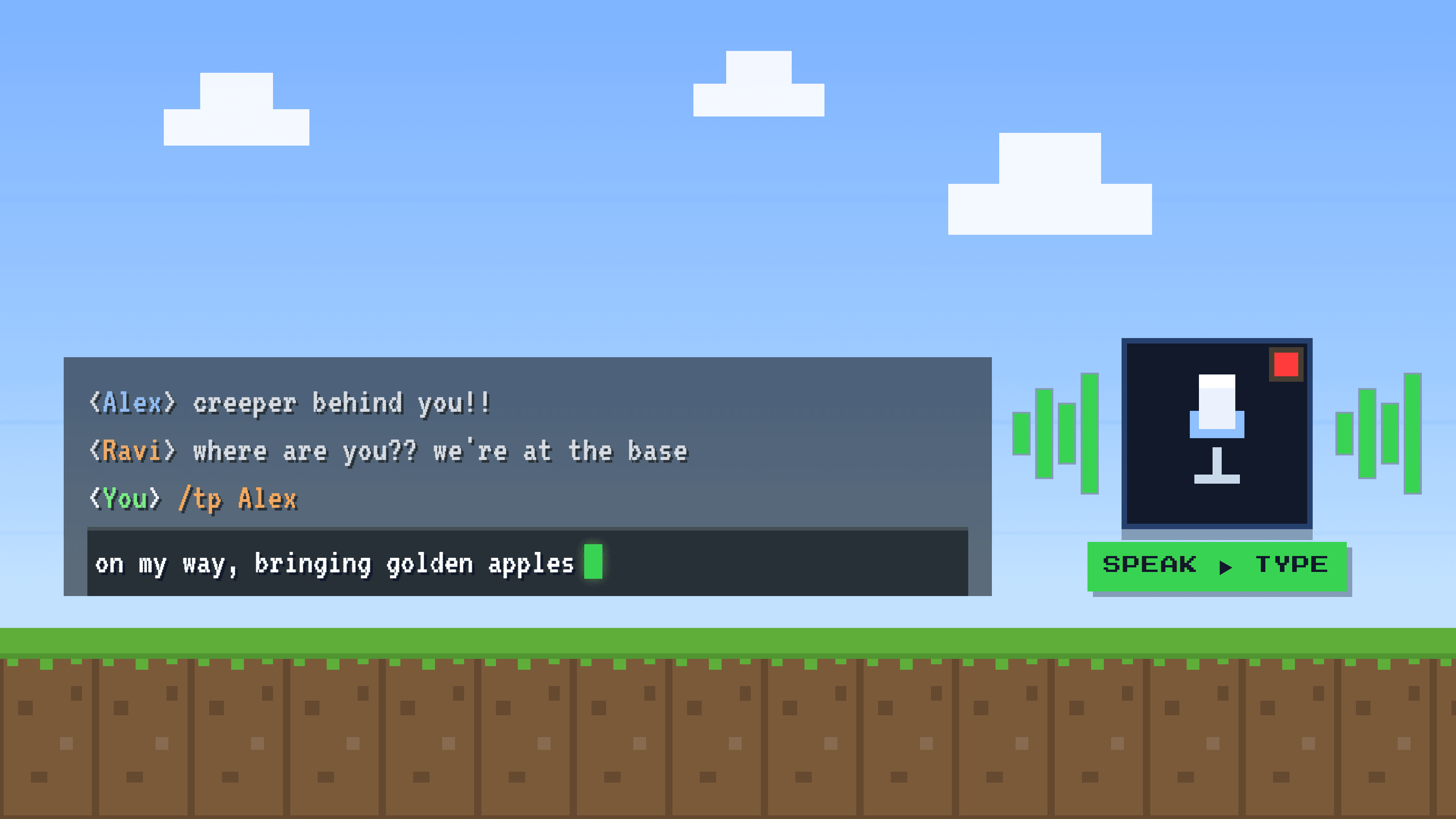 A pixel-art Minecraft chat box with a microphone and sound waves, dictating a message and a command by voice